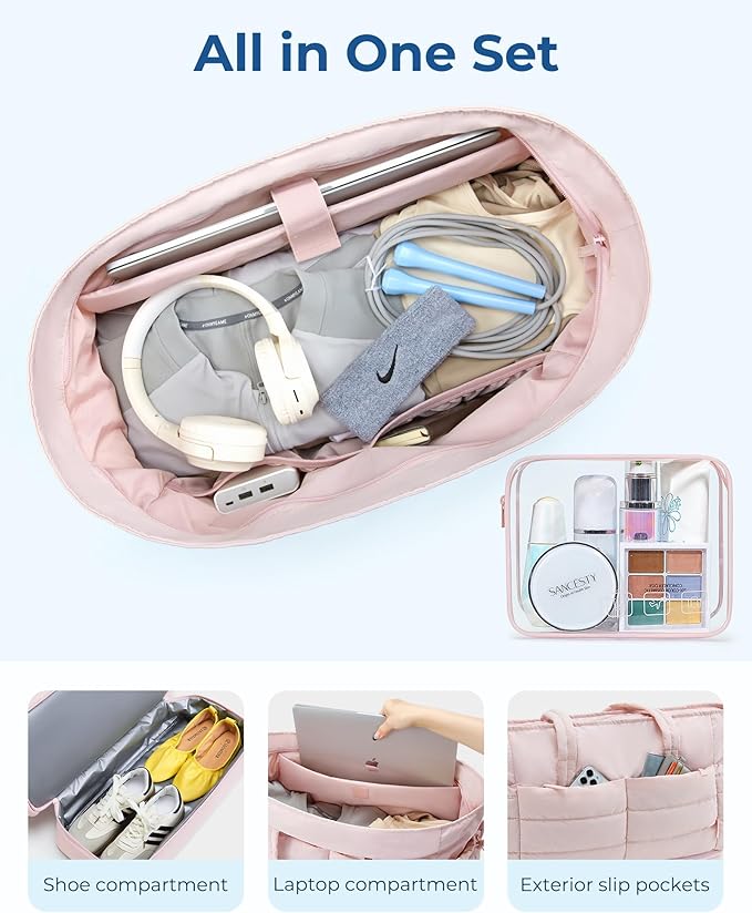 BAGSMART Large Travel Duffel Bag with Shoe Compartment, Puffer Carry-On Gym Weekender Bag for Women, Tan