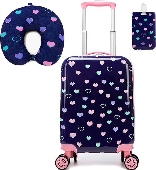 Kid's Luggage Set 2 Piece Suitcase Set Hardside Luggage with Spinner Wheels Girls Carry on Toddler Travel Rolling Suitcase with Neck Pillow Airline Approved