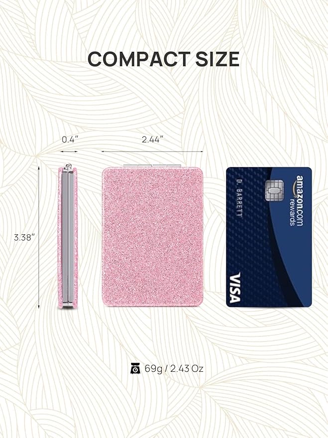 OMIRO Compact Mirror, Glitter PU Leather 1X/3X Magnification, Ultra Portable for Purses, 2.4" W x 3.4" L (Pink)