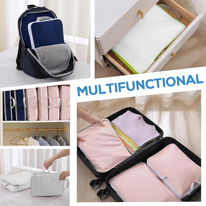 Compression Packing Cubes, 6 Set Packing Cubes for Travel Compression, Lightweight Compressible Package Organizer for Carry On and Suitcases, White and Green
