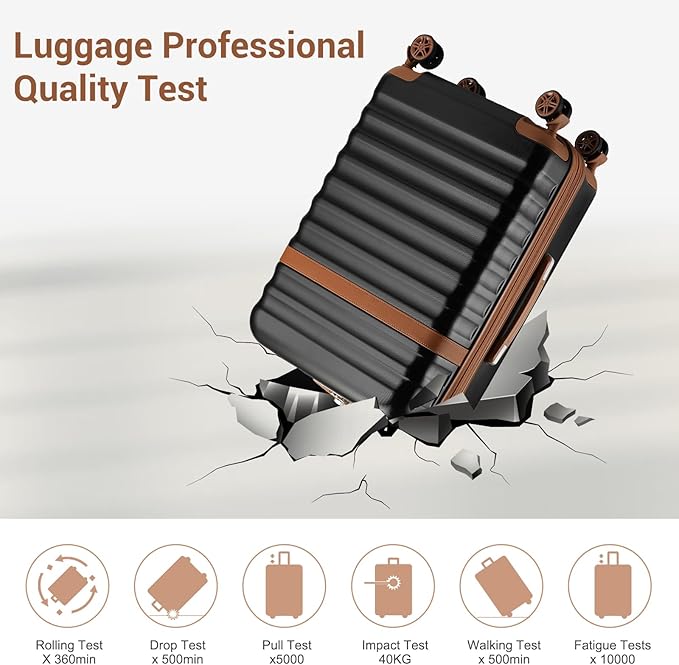 Kono Luggage Set 3 Pieces Expandable PC ABS Durable Suitcase Hardside with Double Spinner Wheels Tsa Lock Black Brown(20in/24in/28in)