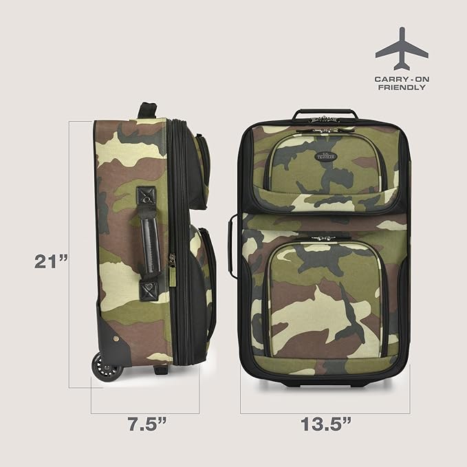 U.S. Traveler Rio Lightweight Softside Rolling Carry-on Suitcase, 2-Wheel Single, Camouflauge