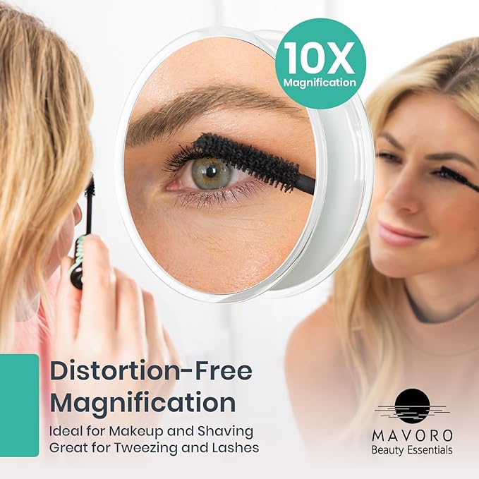 Mavoro 9'' Magnifying Mirror with 3 Strong Suction Cups | 10X Magnification | Portable Travel Makeup & Cosmetic Mirror (10X)