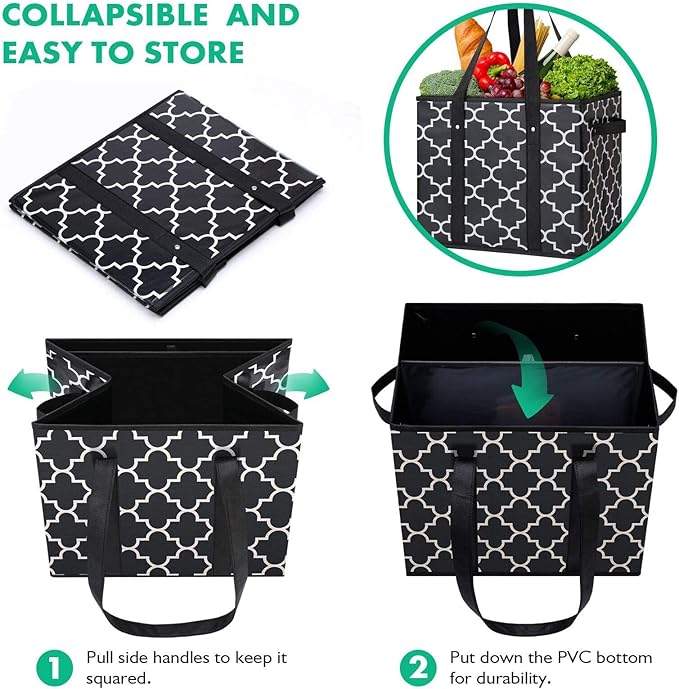 WISELIFE Reusable Grocery Bags 6-Pack Foldable Washable Large Storage Bins Basket Water Resistant Shopping Tote Bag Black