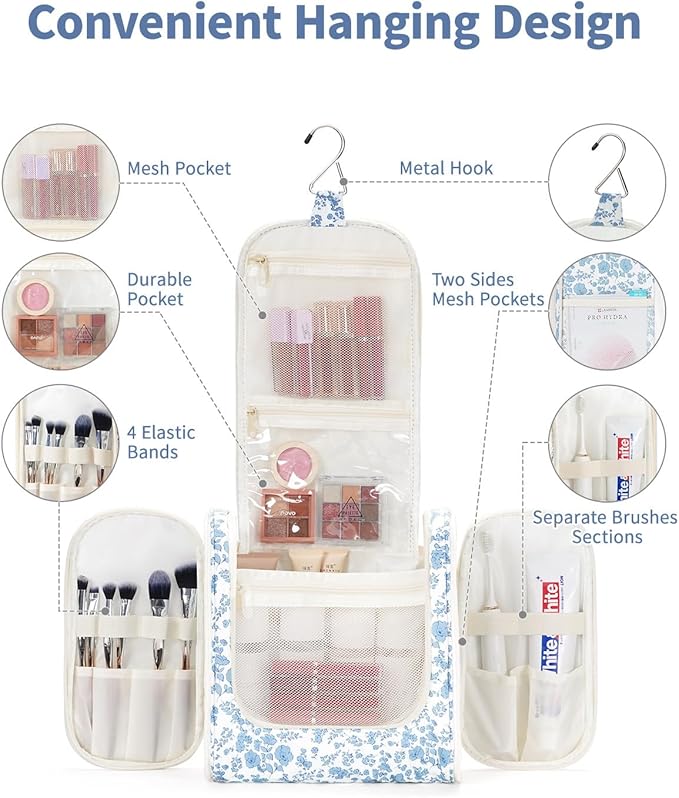Narwey Large Hanging Toiletry Bag for Women Travel Makeup Bag Make up Organizer Toiletries Bag for Cosmetics Essentials Accessories (Large, Blue Flower)
