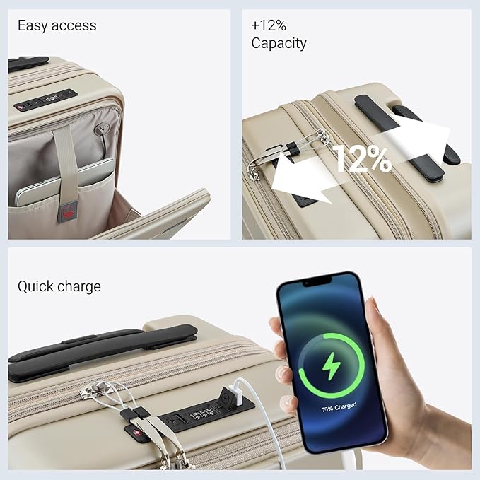 Carry On Luggage with Top Opening, Expandable with Front Pocket and USB Charging Port, Lightweight with Front Compartment Rolling Suitcases with Spinner Wheels (Khaki, 20 Inch)