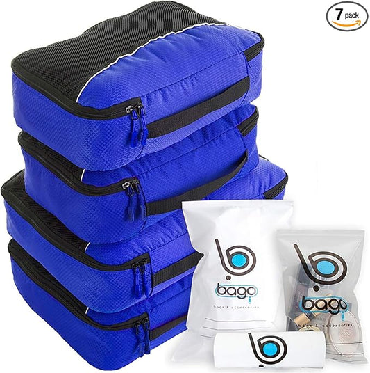 bago 7 Pcs Packing Cubes for Suitcases - 4 Travel Cubes with 3 ZipLock Bags - Luggage Organizer Bags to Get Maximum Storage, Save Time & Effort to Pack - Happy Traveling (Deep Blue)