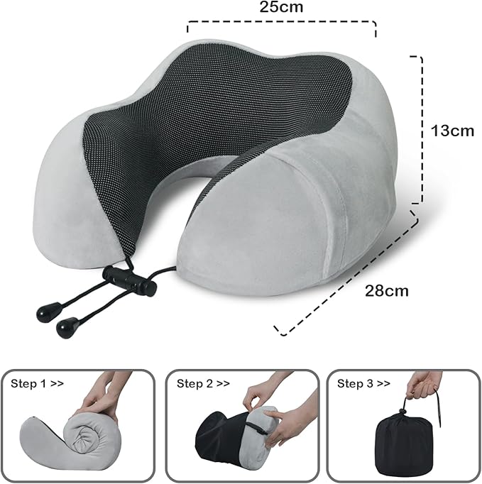 Travel Pillow, Memory Foam Neck Pillow for Traveling, U Shape Neck Pillow Airplane Portable Flight Pillow Travel Kit with 3D Contoured Eye Masks and Earplug for Plane Train Car Home Office - Grey