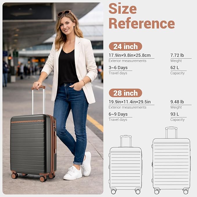 Kono 28 Inch Large Suitcase, Expandable for Long Trips, Impact-Resistant ABS+PC & Silent Wheels, Black, Lightweight Hardshell Luggage, Smooth Rolling Spinner Suitcase for Travel，Grey/Brown