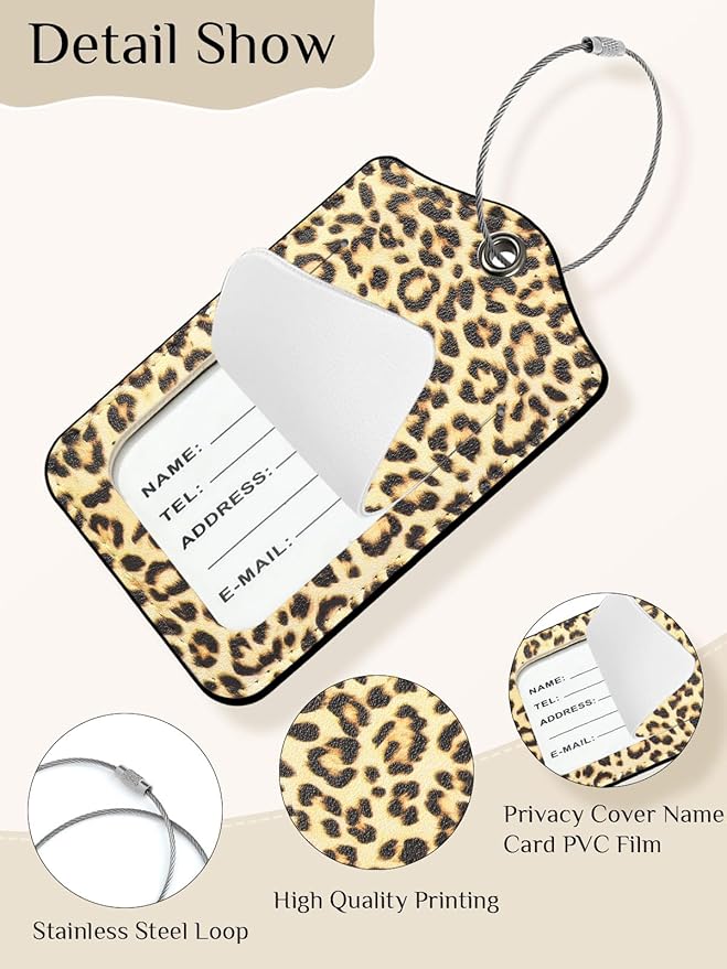 Seorsok 2 PCS Luggage Travel Tags for Suitcases,Cute Gold Leopard PU Leather Name Tag with Privacy Cover&ID Label Address Card and Durable Metal Ring Suitable for Men Women Handbags Backpack,Golden