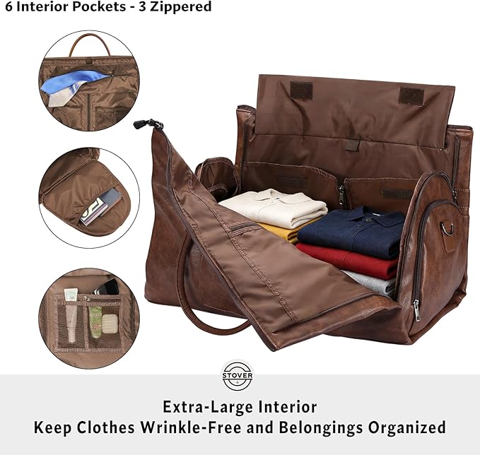 STOVER Garment Travel Duffle Bag, Large 2-in-1 Convertible Carry-on Luggage for Men & Women- Hanging Suits, Dresses & Clothes + Shoe Compartment- Weekender Tote Combo Duffel (Brown Leatherette)