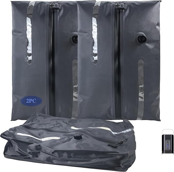 2PC Vacuum Bags for Travel with Waterproof Zipper,Compression Bags for Travel with Two-way valve,Luggage Vacuum Bag with Pump for Moving, Business Trip,Vacation,Compressible