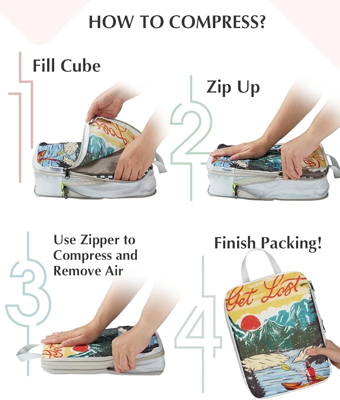 Gonex Compression Packing Cubes, 6pcs Expandable Storage Travel Luggage Bags Organizers with Shoe Bag Laundry Bag, Travel Cubes for Suitcase Carry On (Retro Mountains)