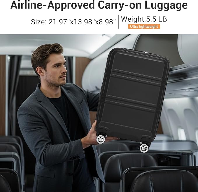 Kono Carry On Luggage 22x14x9 Airline Approved with Spinner Wheels,Lightweight PC+ABS 20 Inch Luggage with TSA Lock,Expandable Hard Shell Carry On Suitcases for Men Women,Black