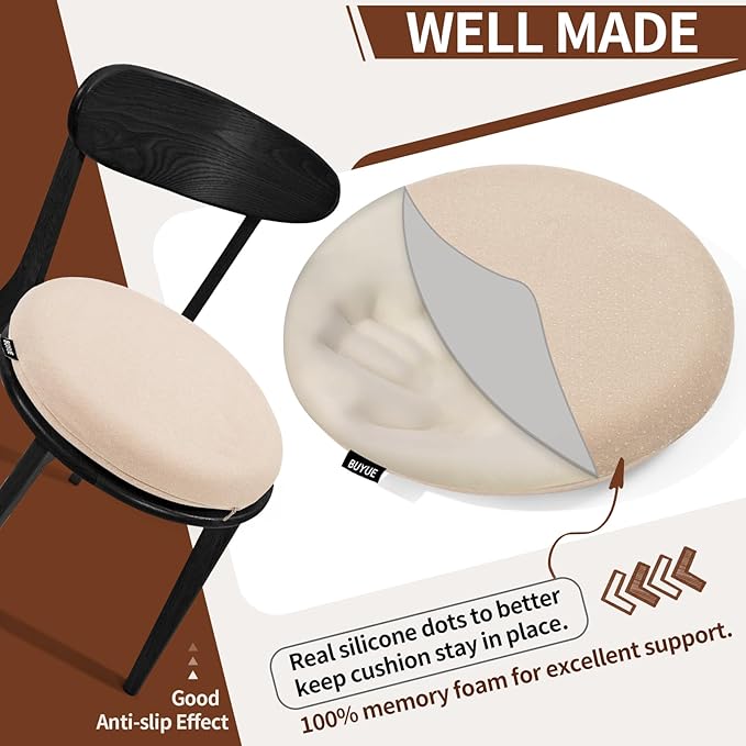 BUYUE Memory Foam Seat Cushion, Dia 16.5" Soft Velvet Round Stool Cushion Anti-Slip Chair Pads, L, Beige