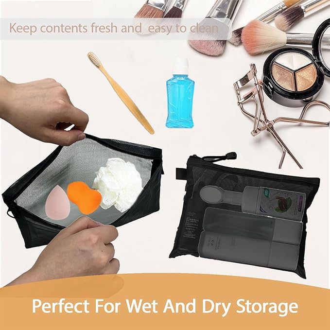 3 Pcs Mesh Zipper Pouch Makeup Bags Set, Portable Mesh Cosmetic Bag Travel Toiletry Storage Bags Pencil Purse Organizer Pouches for Home Office Daily or Traveling Accessories Keep Small Items(Black)