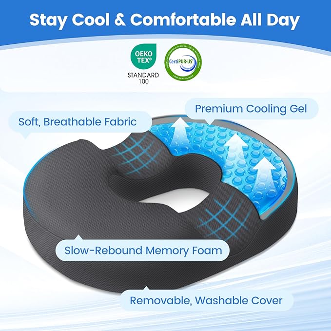 Donut Pillow for Tailbone Pain, Hemorrhoids - Cooling Gel Memory Foam Chair Seat Cushion for Office, Home & Wheelchair, Ergonomic Chair Pad for Pregnancy, Sciatica, Coccyx (XL, Grey)
