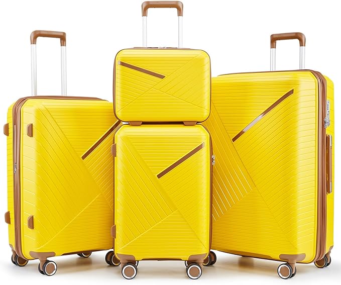 4 Piece Expandable Hardshell Pink Luggage Sets with Spinner Wheels, Lightweight Travel Suitcase Set with TSA Locks, 20 inch Carry On for Women (Yellow, 4 Piece Set)