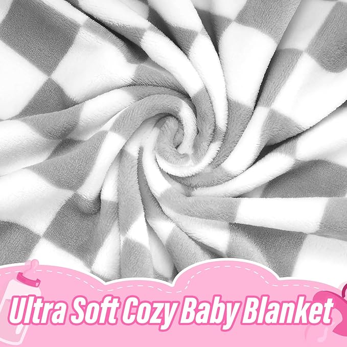 GreatBba Plush Checkered Baby Blanket for Boys Girls Nursery, 30"*40" Warm Short Fleece Blanket Neutral for Infant Newborn, Small Fuzzy for Sleeping, Chenille or Stroller (Gray&White)