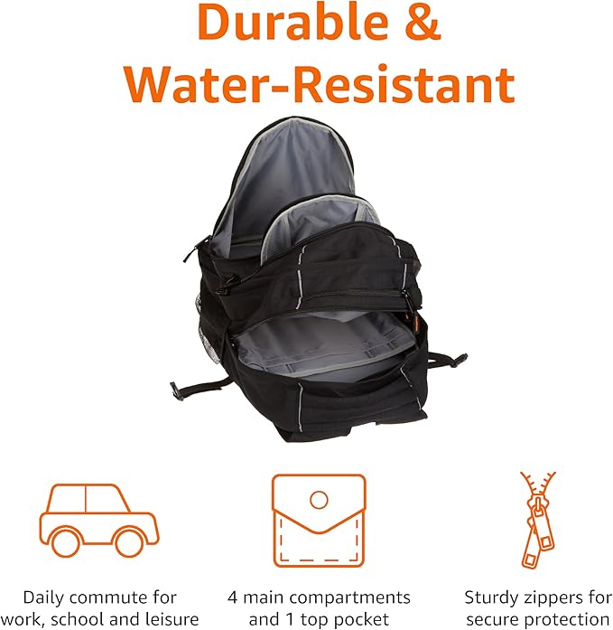 Amazon Basics Padded Laptop Backpack with Water Bottle Pockets, Travel Work Bag with Compartments, Fits Up to 17-Inch Laptops, Black