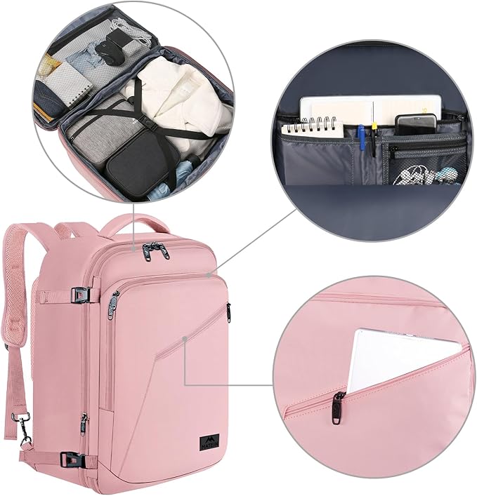 MATEIN Womens Travel Backpack, Extra Large Carryon Backpack Fits Overhead Bin, Cute Weekender Daypack for Travel on Airplane, Traveling Accessories for Women, Pink