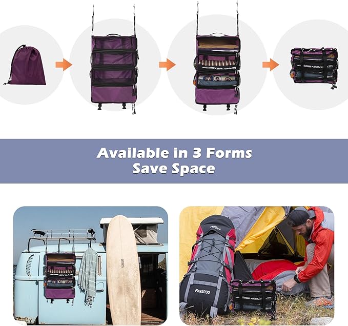 Surblue Travel Hanging Luggage Organizer Portable Suitcase Closet Organizer Multiple Compartments Collapsible Compression Packing Cubes Shelf, Purple, M