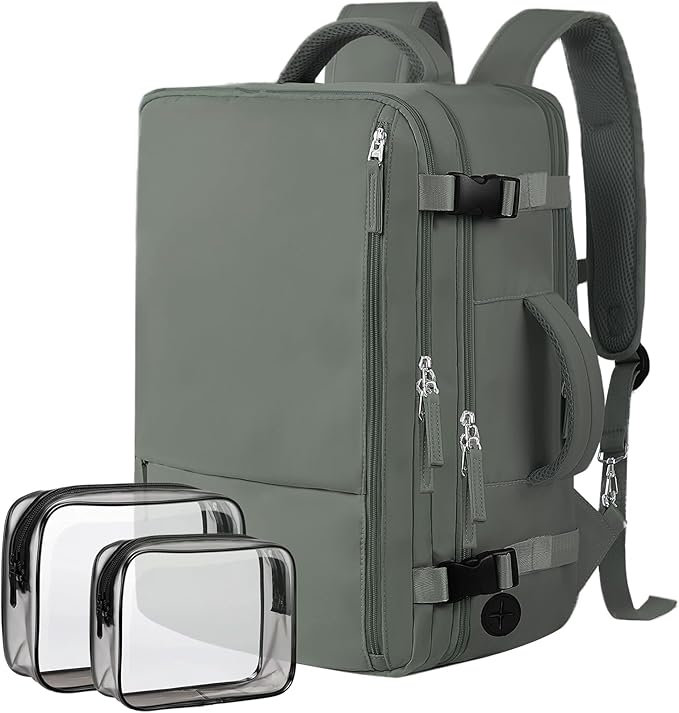 Hanples Travel Backpack as Personal Item Travel bag Flight Approved, 35L Carry on Backpack, 17 Inch Laptop Backpack, Waterproof Backpack, Casual Bag with 2 Toiletry Bags (Olive Green)