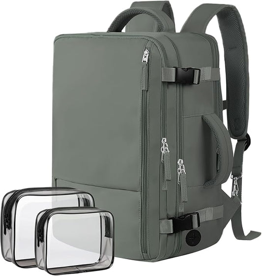 Hanples Travel Backpack as Personal Item Travel bag Flight Approved, 35L Carry on Backpack, 17 Inch Laptop Backpack, Waterproof Backpack, Casual Bag with 2 Toiletry Bags (Olive Green)
