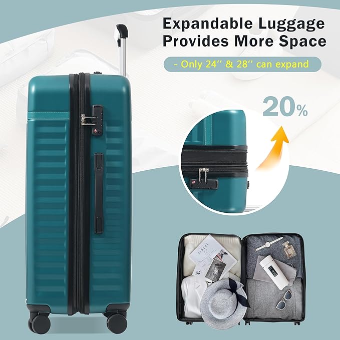 Merax Luggage Sets 2 Piece Front Opening, Hardside Lightweight Carry on Suitcase with USB Port,Durable Expandable Luggage with Bags Spinner Wheels and TSA Lock,Dark Green