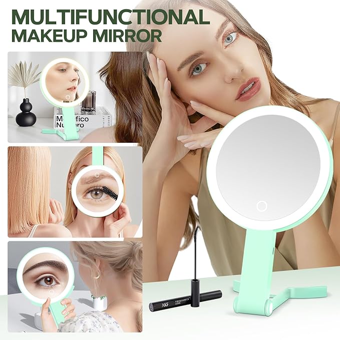MIYADIVA Lighted Makeup Mirror, 30X Magnifying Mirror with Light, Hanging and Handheld Mirror with Handle, Green
