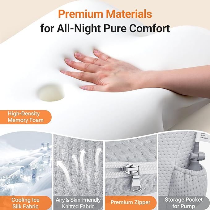 Inflatable Cervical Neck Pillow for Sleeping with Adjustable Support, Ergonomic Memory Foam Cloud Pillow, Neck Support Pillow for Back, Side & Stomach Sleepers, Posture Pillow with Ice Silk Pillowcase