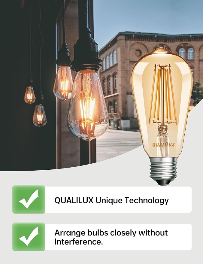 Qualilux Dusk to Dawn ST19 LED Edison Light Bulbs, Vintage Amber Glass, 2300K Amber Warm, 6.5W=60W, Non-Dimmable Auto On/Off Light Sensing LED Filament Bulb Outdoor, 700LM, E26, 2-Pack, HQ-H027