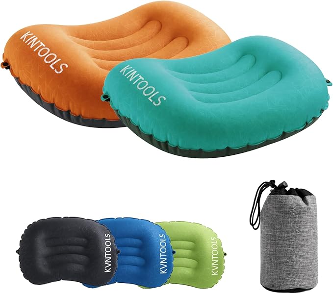 Camping Travel Pillow-Compressible,Ultralight Inflatable,Compact, Comfortable, Ergonomic Inflating Pillows for Neck & Lumbar Support While Camp, Hiking, Backpacking (Blue+Orange 2pcs)