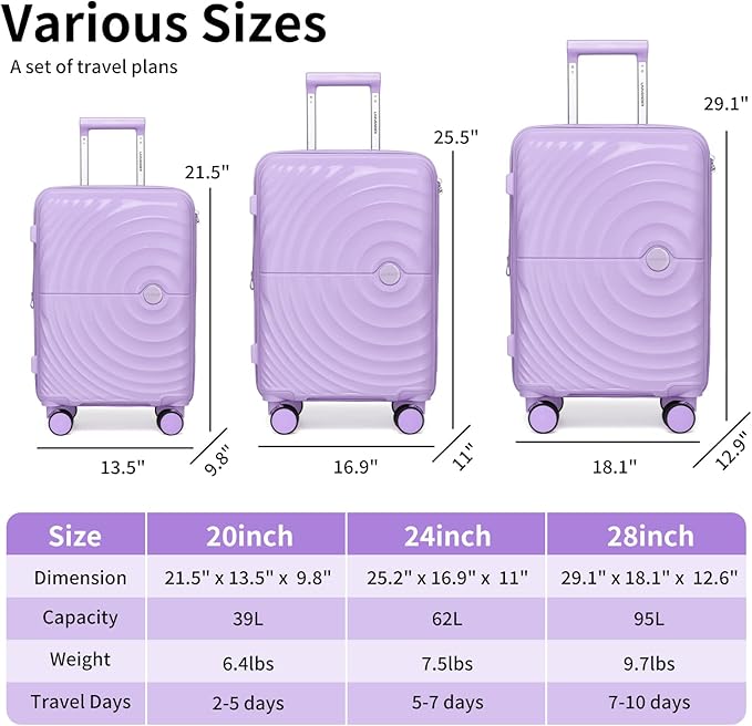 LARVENDER Luggage Sets, Suitcase Set 3 Piece Expandable Luggage PP Lightweight Large Suitcases with Wheels for Women (3 piece set,Lavender)