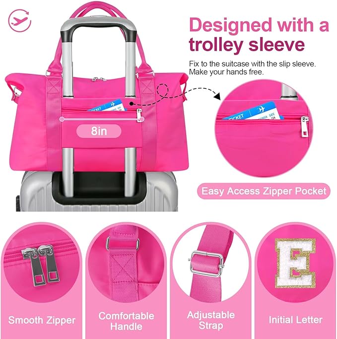 Dance Gym Duffel Bag for Teen Girls, Personalized Initial Travel Weekender Bag,Cute Overnight Carry On Duffle for Women,Sports Travel Cheer Bag,Monogram Christmas Gifts for Tween Preppy(rosered-E)