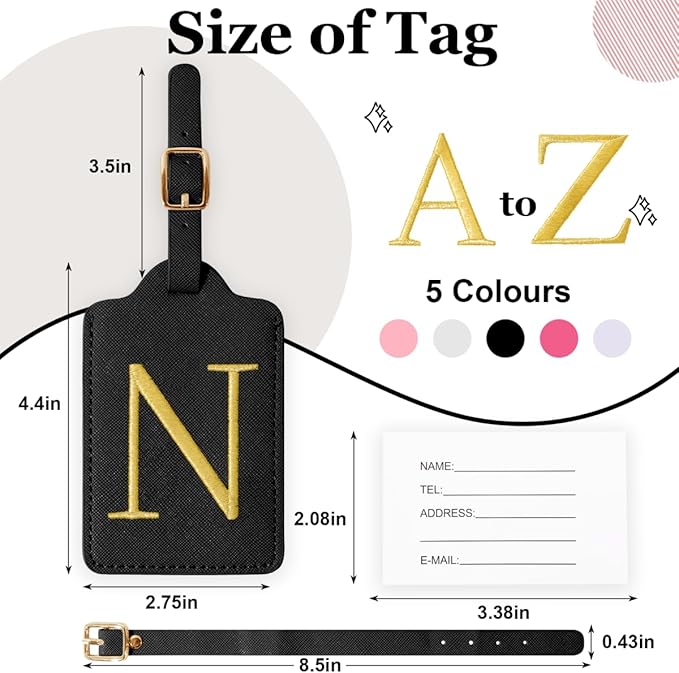 Personalized Initial Luggage Tags for Suitcases,Leather Letter Cute Luggage Tags with Privacy Name Card,Embroidered Monogrammed Travel Bag Backpack Tag Gifts for Women Kids Girls Teens(Black-N)
