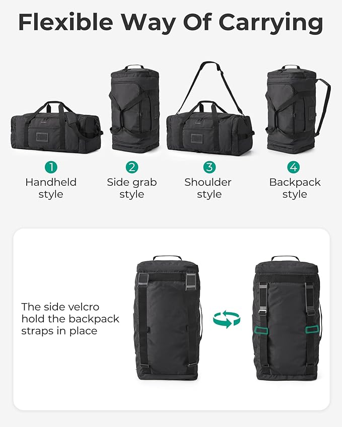 BAGSAMRT 60L Foldable Duffle Bag for Travel, Large Travel Duffel Bag for Men, 4 in 1 Travel Backpack, Carry on Weekender Bag, Black