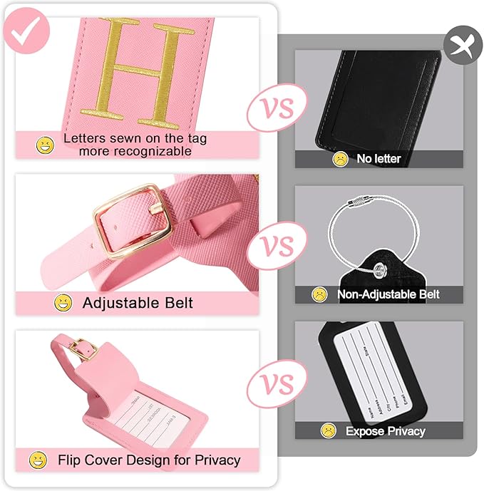 Initial Luggage Tags for Suitcases, Cute Embroidered Letter Luggage Bag Suitcase Identifier Name Baggage Tag, PU Leather Travel Luggage Tags, Bag Tags for Men Women Kids Luggage Handbags(Pink H)