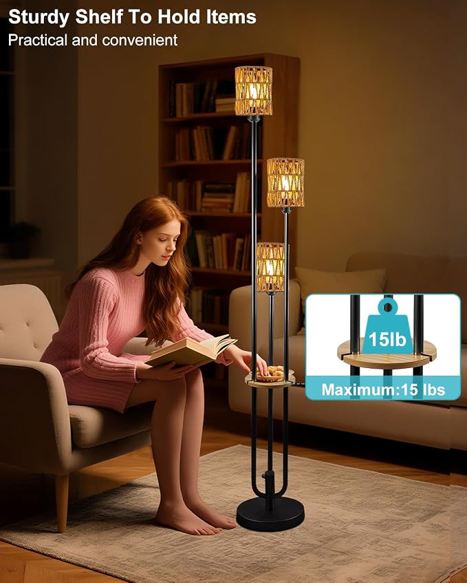 Lightdot Dimmable Boho Floor Lamps for Living Room 3-Lights 3000K Rattan Floor Lamp with Shelves Farmhouse Floor Lamp Rustic Black Standing Lamp with 5Lbs Heavy Base for Sofa Beside/Corner Decor