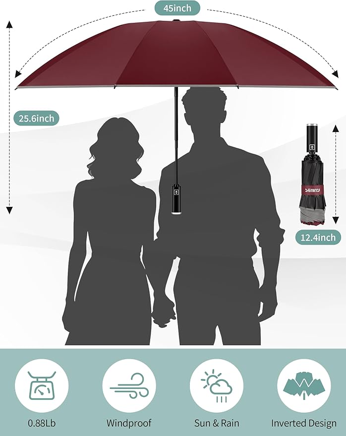 Seniny Inverted Travel Umbrella Compact - Windproof Umbrellas for Rain with Reflective Strip, Large UV Umbrella for Sun Protection, Automatic Portable Umbrellas Fold in Reverse for Car, Backpack