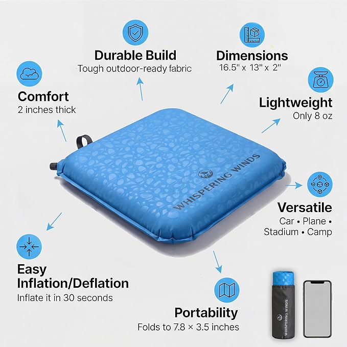 Whispering Winds Inflatable Seat Cushion - Comfortable Blow-up Foam Pad for Airplane, Travel, Stadium, Outdoors, Camping, Car & More
