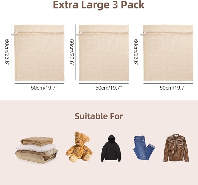 100% Pure Cotton Mesh Laundry Bags, Premium Soft, No Dye, Natual,Set of 3(XXL)