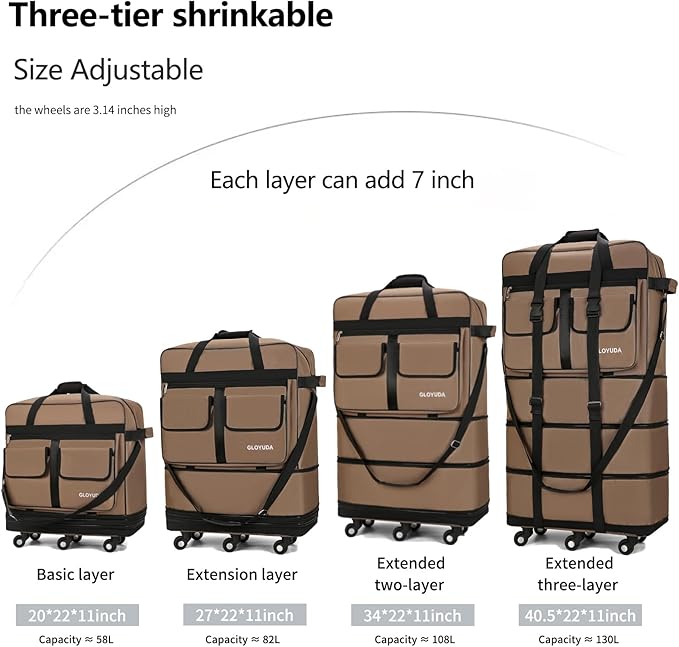 130L Expandable Luggage, 40 Inch Suitcase with Wheels, Collapsible Luggage with Wheels, Rolling Duffle Bag with wheels, Foldable Suitcasewith2Handle Wrap 2Fixing Straps 1Shoulder Strap (khaki)