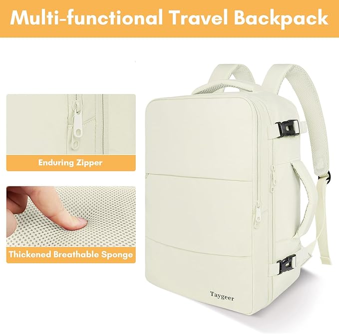 Taygeer Large Travel Backpack, 17 inch Laptop Backpack for Women, Airline Approved Personal Item Mochila, 40l Lightweight Luggage Carryon Work Bag for friend and Ladies Business Travel Hiking, Beige