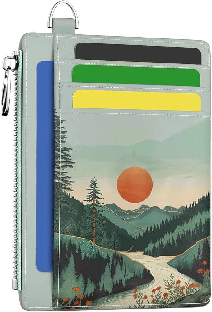 Hancynir Slim Wallet Women Credit Card Holder, Mountain Sunset RFID Blocking Small Mini Card Wallets, Cute Front Pocket PU Leather Card Case, Thin Travel Zipper Coin Cash Ladies Female Wallet Gifts