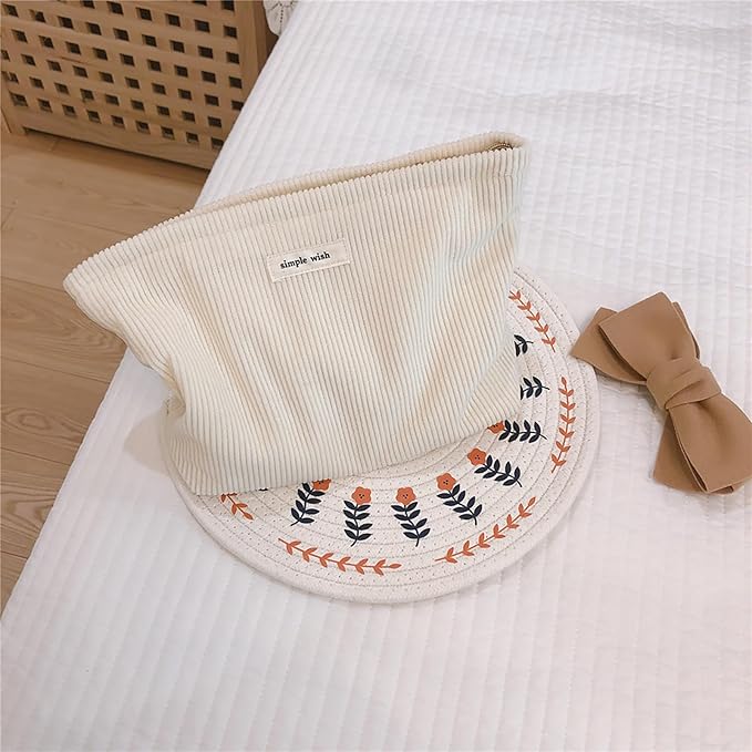 Wudygirl Travel Makeup Bag Large Capacity Cosmetic Bag for Women Corduroy Toiletry Pouch Handbags Zipper Purses Travel Essentials (Beige)