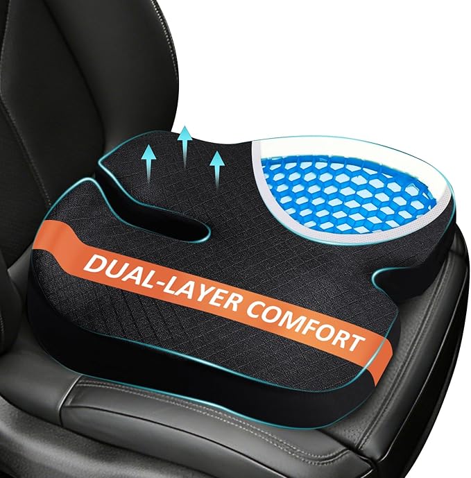 Car Seat Cushion for Long Sitting - X Large Premium Gel & Memory Foam Office Chair Cushion for Back,Sciatica,Coccyx,Tailbone Pain Relief, Driver Pillow for Auto, Gaming,Desk, Wheelchair,Truck (Black)