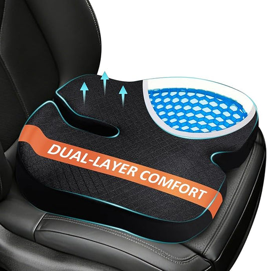 Car Seat Cushion for Long Sitting - X Large Premium Gel & Memory Foam Office Chair Cushion for Back,Sciatica,Coccyx,Tailbone Pain Relief, Driver Pillow for Auto, Gaming,Desk, Wheelchair,Truck (Black)