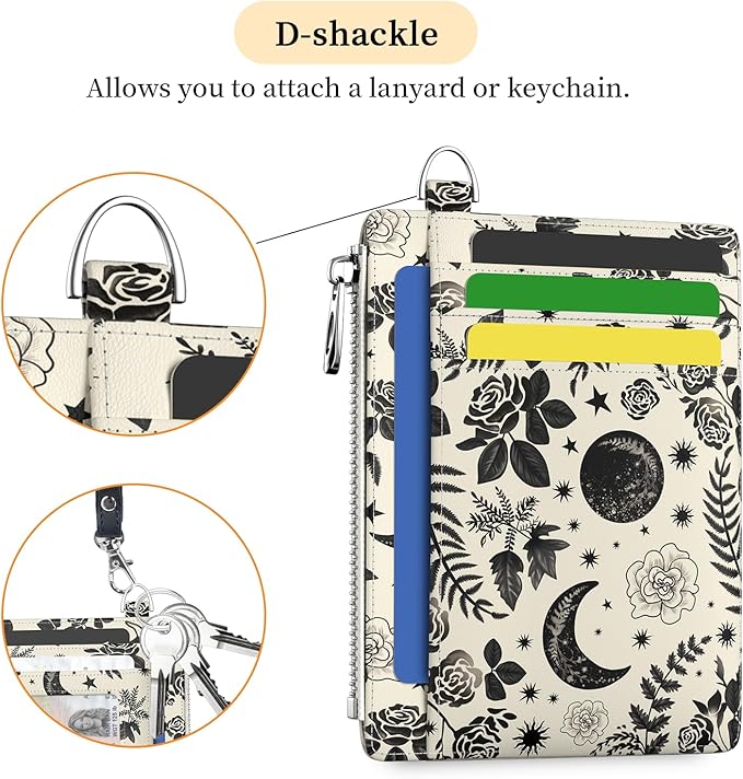 Hancynir Goth Moon Floral Slim Wallet Women Credit Card Holder Gothic Flower RFID Blocking Small Cute Card Wallets Mini Front Pocket PU Leather Thin Travel Zipper Coin Cash Ladies Female Wallet Gifts