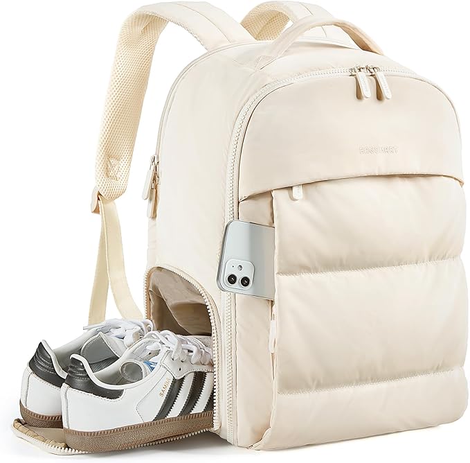 BAGSMART 30L Travel Backpack for Women, Carry on Backpack for Airplanes, Gym Backpack with Shoe Compartment, Lightweight Travel Bag Fits 15.6 Inch, Water-Resistant, Beige